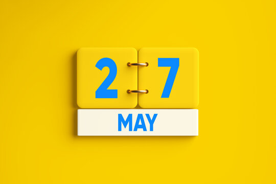 Yellow Calendar with May 27 memorial Day date on yellow background.