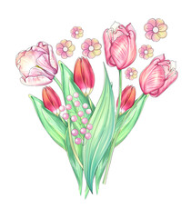 Watercolor artistic illustration springtime primroses flowers bucket. Beautiful Tulips for Mothers day. Romantic freshness artwork. For invitation, wedding, printing - obrazy, fototapety, plakaty