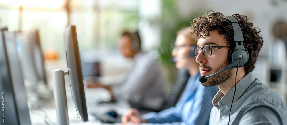 Poster a man with a headset working at a help desk, surrounded by computer monitors, bright office setting,