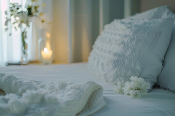 Beautiful comfortable white pillow and blanket on bed decoration in bedroom interior.