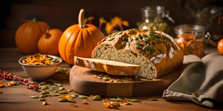 Fresh yeast - free bread with pumpkin seeds on a light background. 4K Video