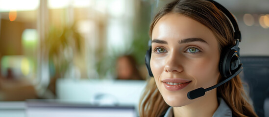 A woman wearing a headset, representing customer service, with a blurred office background, embodying the concept of support. Generative AI