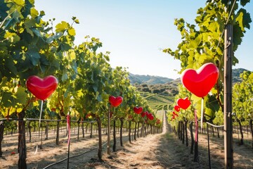 Row of Heart Shaped Balloons in a Vineyard, A romantic vineyard with red heart-shaped balloons tied...