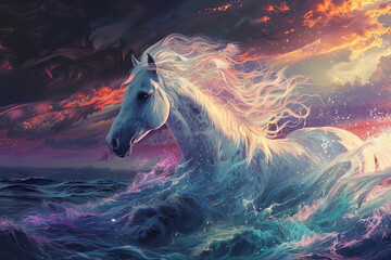 white horse in the water - obrazy, fototapety, plakaty