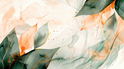 Abstract Watercolor Peach and Green Leaf Design. Generative AI image
