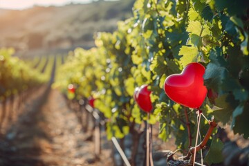 A Row of Red Hearts on a Vine in a Vineyard, A romantic vineyard with red heart-shaped balloons...