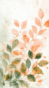 Fototapeta Soft peach and green watercolor leaf design. Generative AI image