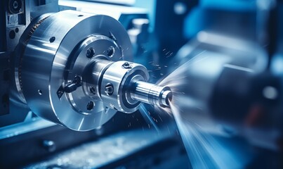 A closeup of an aluminum spool turning on the lathe, with sparks flying around it in blue and white tones. The background is dark and blurred, creating depth.
