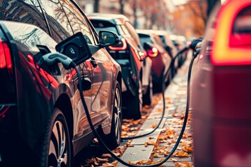 A straight city street filled with parked cars lined up in a neat row on a busy day, A row of...