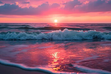 The sun is descending below the horizon as it casts a warm glow over the rolling waves of the ocean, A rosy-hued sunset reflected in gentle ocean waves, AI Generated - obrazy, fototapety, plakaty