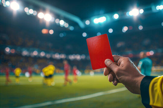 Referee issuing red card at a night football match. Generative AI image