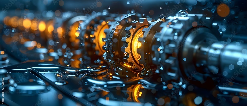 Poster crankshaft on dark background with oil: a new car part depicted in fictional computer graphics. conc