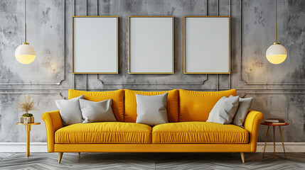 A stylish interior with a vibrant yellow couch, blank posters on a concrete wall, and warm lighting, embodying modern home decor. Generative AI