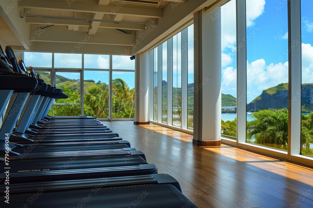 Poster a row of functional treadmills lined up inside a spacious gym, providing a view of the vast ocean ou
