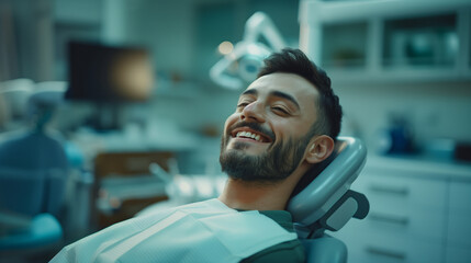 A smiling male patient reclining in a dentist's chair, enjoying a light-hearted moment in a dental office environment. Generative AI