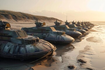 A row of boats is lined up neatly on top of a sandy beach, creating a picturesque scene, A row of military hovercrafts docked on a sunlit beach, AI Generated - obrazy, fototapety, plakaty