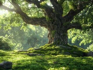 A large tree with green leaves and a mossy trunk. The tree is surrounded by grass and rocks. Concept of tranquility and natural beauty