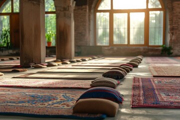 A photo capturing the organized arrangement of numerous rugs lined up in a room, A row of prayer rugs, neatly arranged in a tranquil prayer space, AI Generated