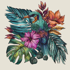 Vintage floral tropical bird, summer vivid flowers