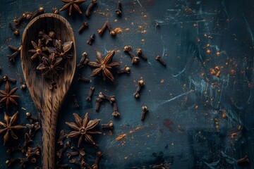Dried cloves on a wooden spoon with a background