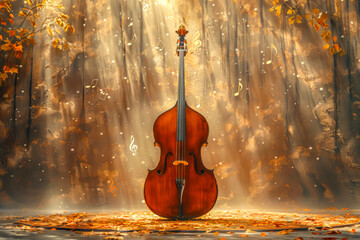 Classical cello stands alone, autumn leaves cascading around, embodying serenity of nature and deep...