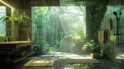 A zen bathroom design featuring an open-air rain shower surrounded by rich greenery, capturing a sense of tranquility. Zen-Inspired Bathroom with Open-Air Rain Shower

