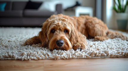 A brown dog lying on a shaggy rug indoors, with a calm expression, in a naturalistic style, Generative AI.