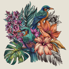 Vintage floral tropical bird, summer vivid flowers - 779669608
