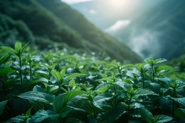 A scenic view of a field filled with lush green plants, set against a backdrop of majestic mountains, A rustic mint plantation at the base of a mountain, radiating fresh aroma, AI Generated