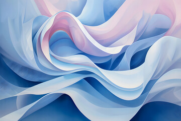 Blue, pink and white waves of paper, textile folds of satin. 3D Concept design for backgrounds, wallpapers and textures.