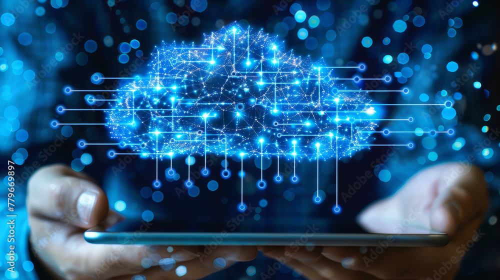 Poster a conceptual image of a cloud computing network on a tablet, with digital connections and blue light
