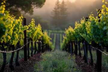 A collection of vine plants flourishing amidst a grassy landscape, A rustic wine vineyard at dawn...