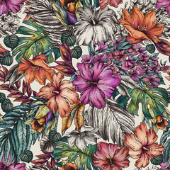 Vintage floral tropical seamless pattern, summer vivid flowers texture - 779669826