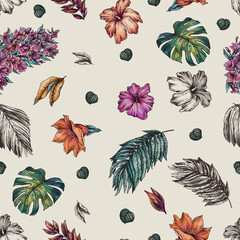 Vintage floral tropical seamless pattern, summer vivid flowers texture - 779669863
