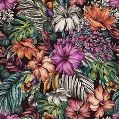 Vintage floral tropical seamless pattern, summer vivid flowers texture - 779669869