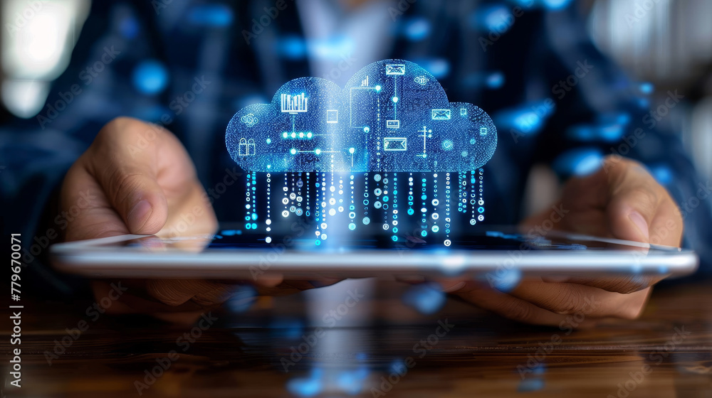 Poster hands holding a tablet with a holographic cloud computing concept, on a blurred office background, s