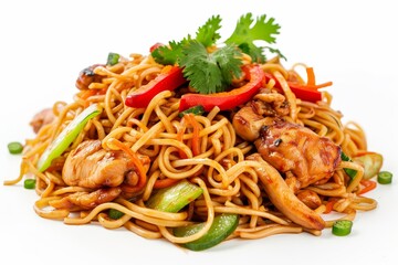 High quality photo of pasta with chicken fillet on white background