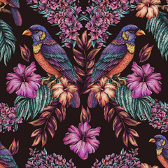 Vintage floral tropical bird seamless pattern, summer vivid flowers texture - 779670043