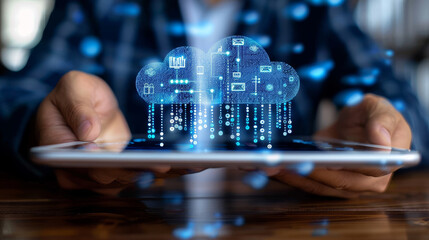 Hands holding a tablet with a holographic cloud computing concept, on a blurred office background, symbolizing data security. Generative AI
