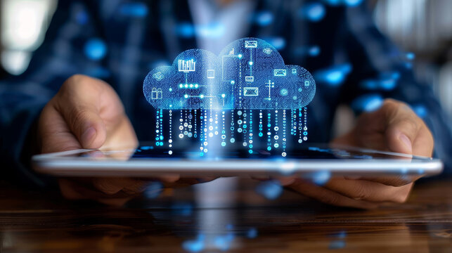 Hands holding a tablet with a holographic cloud computing concept, on a blurred office background, symbolizing data security. Generative AI