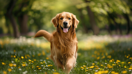 A golden retriever standing in a sunny field with yellow flowers, exuding happiness and companionship, Generative AI.