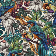 Vintage floral tropical bird seamless pattern, summer vivid flowers texture - 779670289