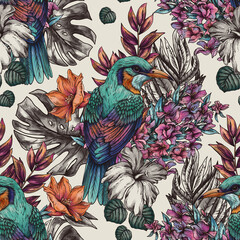 Vintage floral tropical bird seamless pattern, summer vivid flowers texture - 779670292