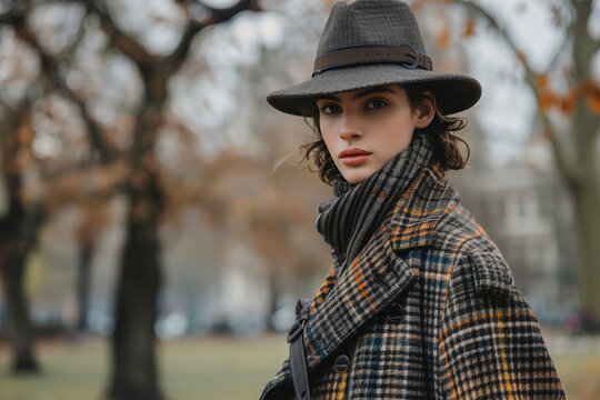 A fashionable individual in a plaid coat and hat embodies the essence of autumn in a park, a scene crafted by Generative AI