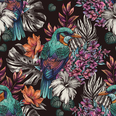 Vintage floral tropical bird seamless pattern, summer vivid flowers texture