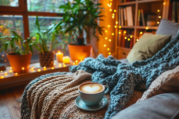 A heartwarming coffee cup surrounded by fairy lights and plush throws offers a homely retreat, envisioned by Generative AI