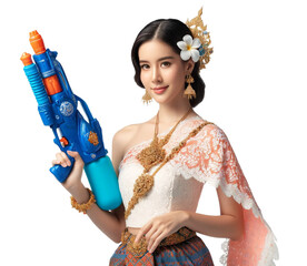 A Thai women in traditional attire confidently holding a blue water gun prepared for a Songkran water festival