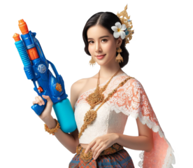 A Thai women in traditional attire confidently holding a blue water gun prepared for a Songkran water festival