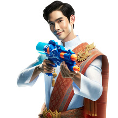 A Thai man in traditional attire confidently holding a blue water gun prepared for a Songkran water festival