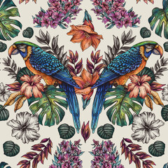 Vintage floral tropical bird parrot seamless pattern, summer vivid flowers texture